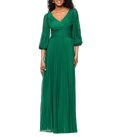 Betsy & Adam Petite Size Sheer Matte Jersey 3/4 Puff Sleeve Pleated Gown