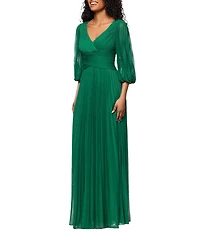 Betsy & Adam Petite Size Sheer Matte Jersey 3/4 Puff Sleeve Pleated Gown