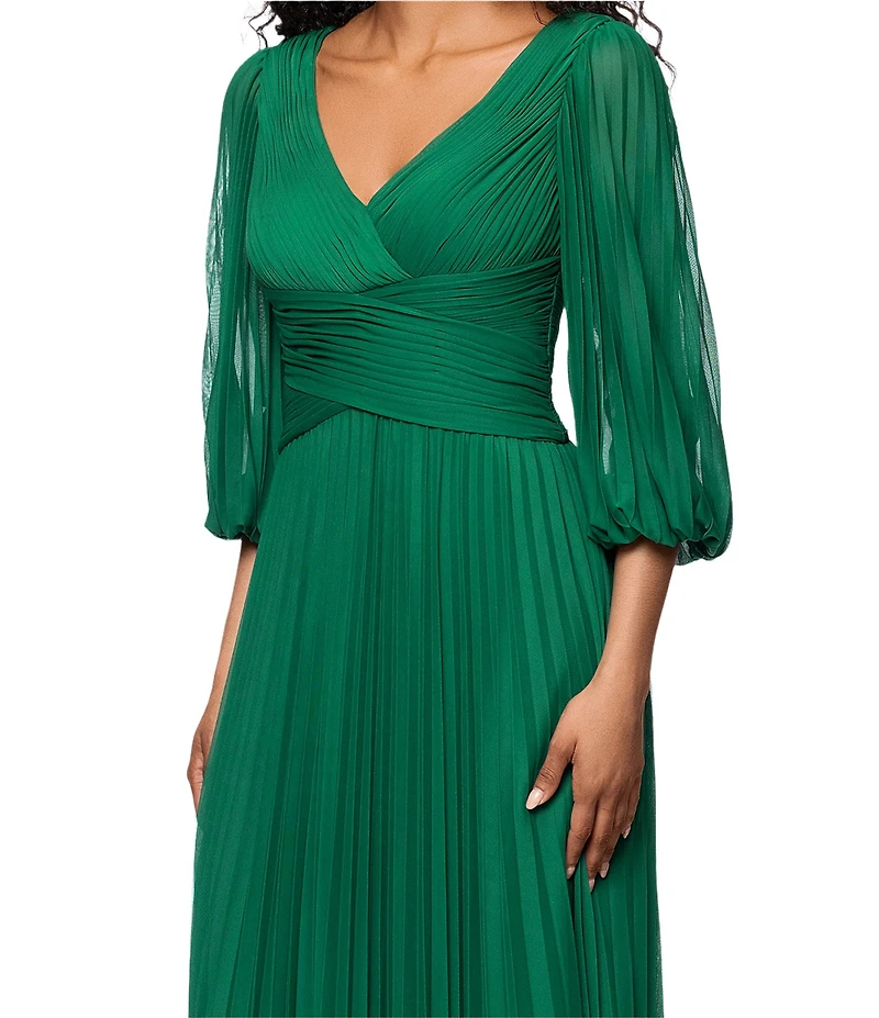 Betsy & Adam Petite Size Sheer Matte Jersey 3/4 Puff Sleeve Pleated Gown