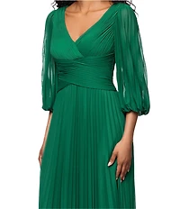 Betsy & Adam Petite Size Sheer Matte Jersey 3/4 Puff Sleeve Pleated Gown