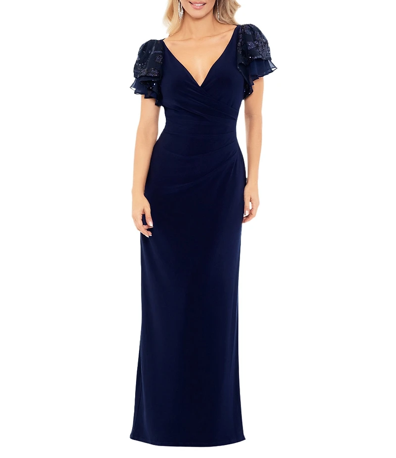 Betsy & Adam Petite Size Short Sequin Sleeve V-Neck Faux Wrap Gown