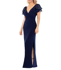 Betsy & Adam Petite Size Short Sequin Sleeve V-Neck Faux Wrap Gown