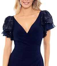 Betsy & Adam Petite Size Short Sequin Sleeve V-Neck Faux Wrap Gown