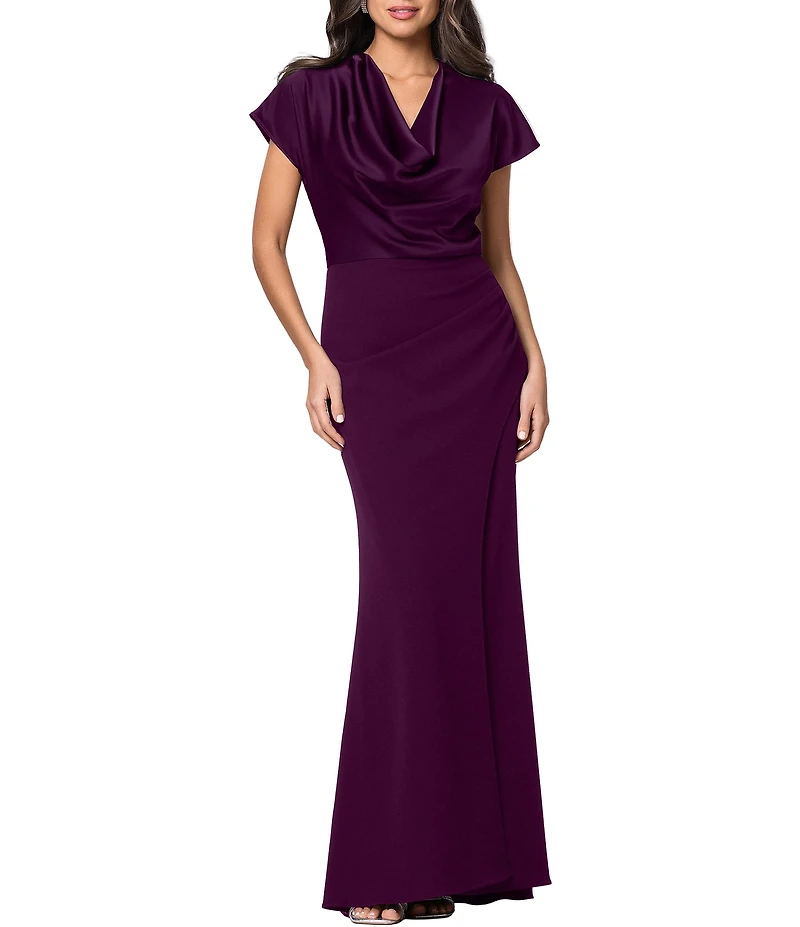 Betsy & Adam Petite Size Short Sleeve Satin Charmeuse Long Dress