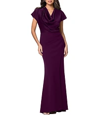Betsy & Adam Petite Size Short Sleeve Satin Charmeuse Long Dress