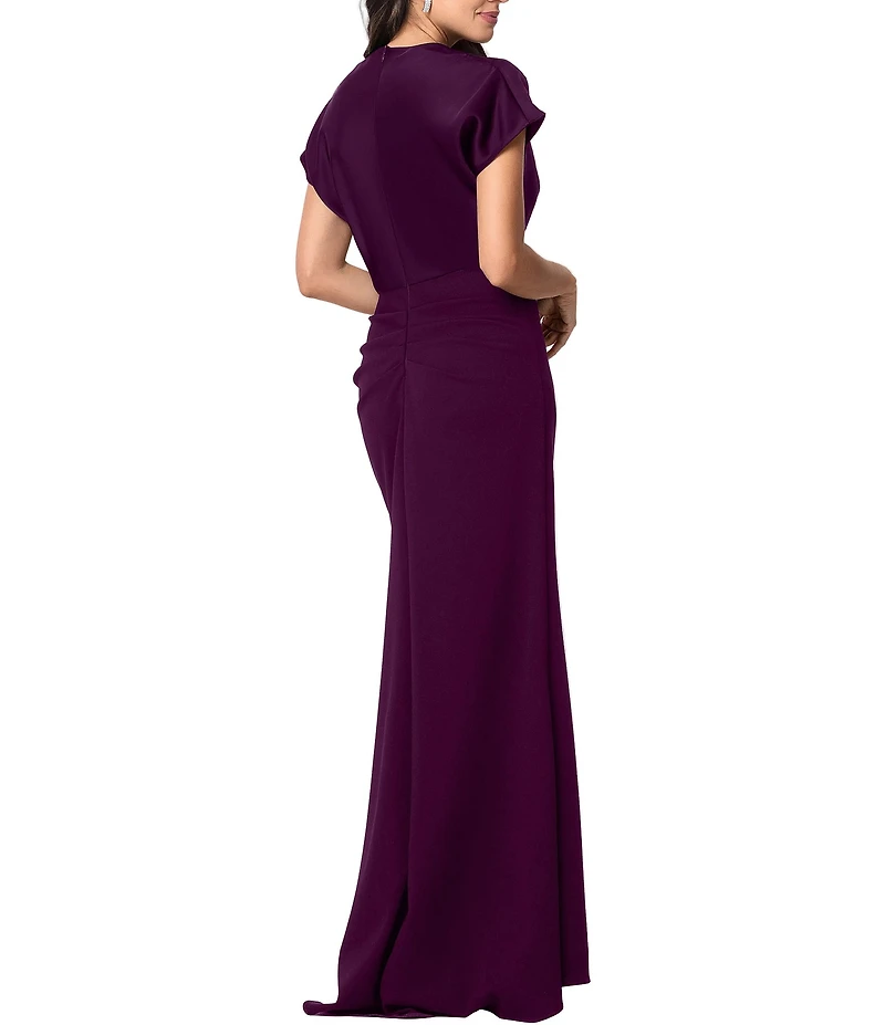 Betsy & Adam Petite Size Short Sleeve Satin Charmeuse Long Dress