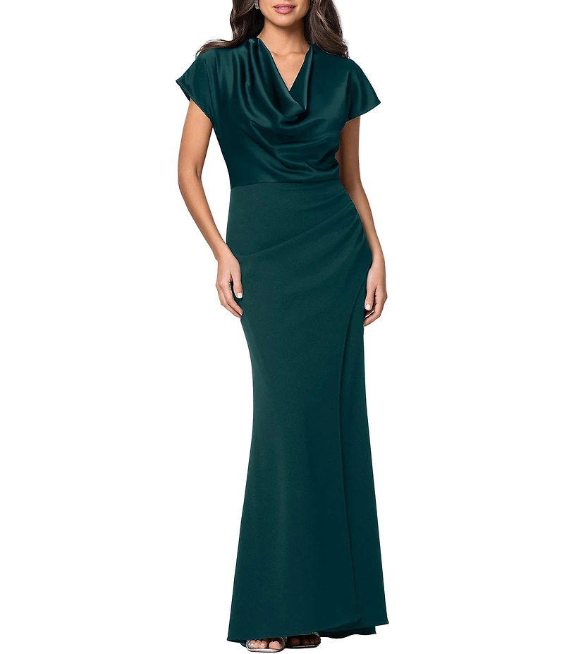 Betsy & Adam Petite Size Short Sleeve Satin Charmeuse Long Dress
