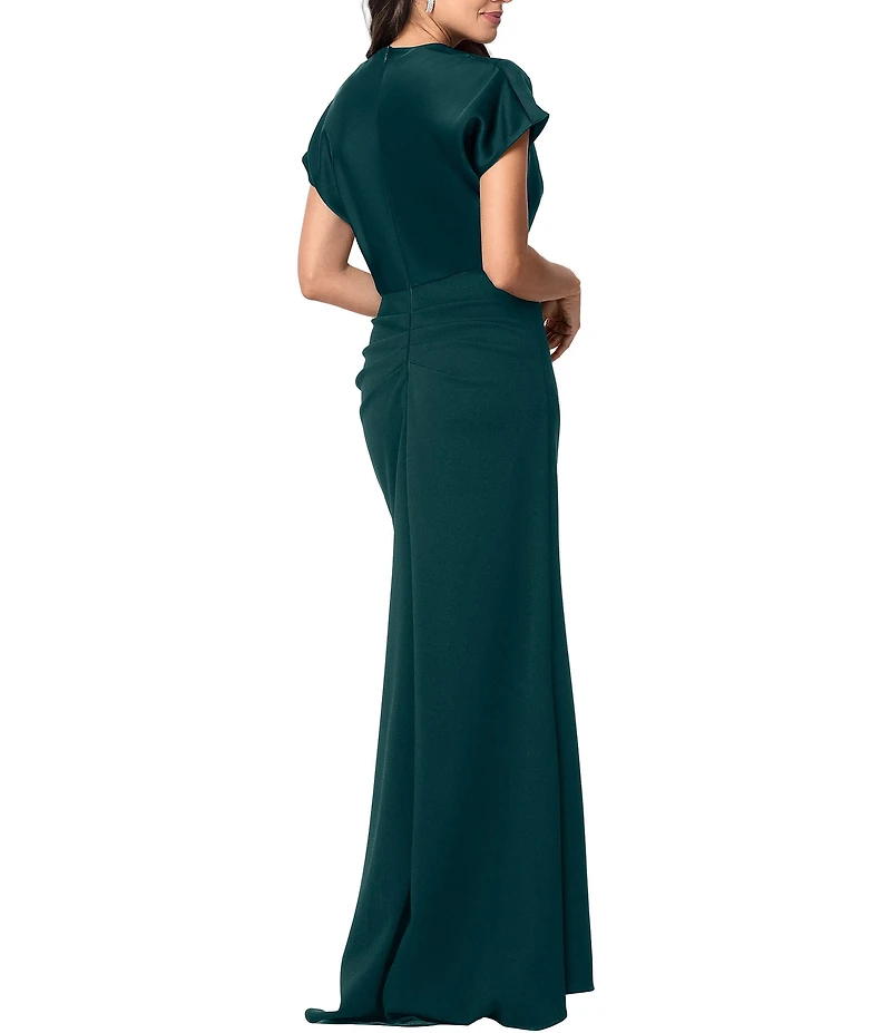 Betsy & Adam Petite Size Short Sleeve Satin Charmeuse Long Dress