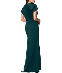 Betsy & Adam Petite Size Short Sleeve Satin Charmeuse Long Dress