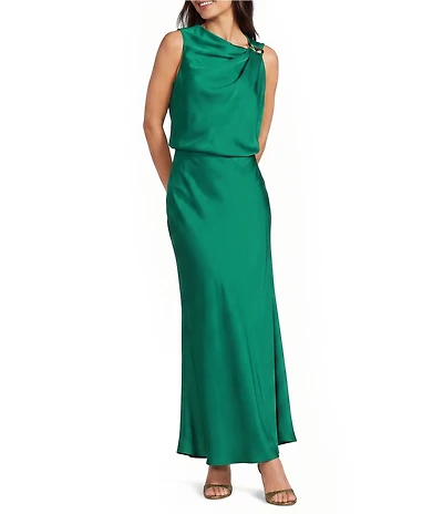 Betsy & Adam Petite Size Shoulder Embellishment Double Satin Ruched Blouson Long Dress