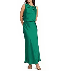 Betsy & Adam Petite Size Shoulder Embellishment Double Satin Ruched Blouson Long Dress