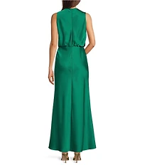 Betsy & Adam Petite Size Shoulder Embellishment Double Satin Ruched Blouson Long Dress