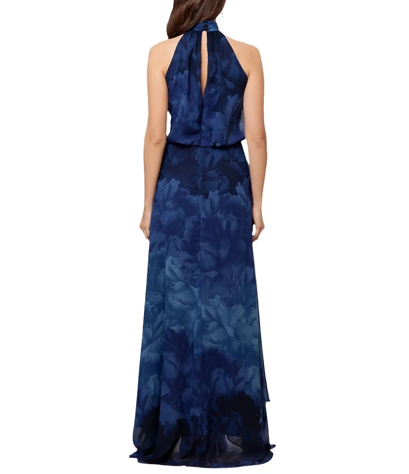 Betsy & Adam Petite Size Sleeveless Halter Mock Neck Front Slit Floral Blouson Maxi Dress