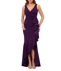 Betsy & Adam Petite Size Sleeveless V-Neck Spiral Ruffle Cascade Gown