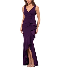 Betsy & Adam Petite Size Sleeveless V-Neck Spiral Ruffle Cascade Gown