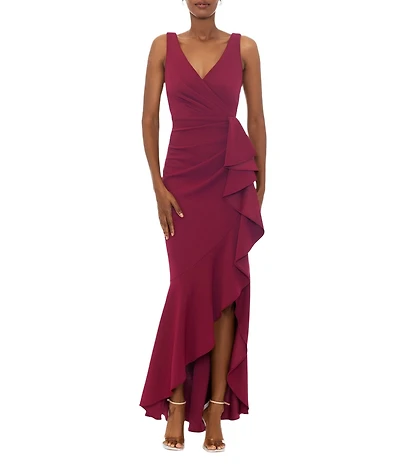 Betsy & Adam Petite Size Sleeveless V-Neck Spiral Ruffle Cascade Gown