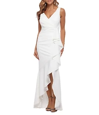Betsy & Adam Petite Size Sleeveless V-Neck Spiral Ruffle Cascade Gown
