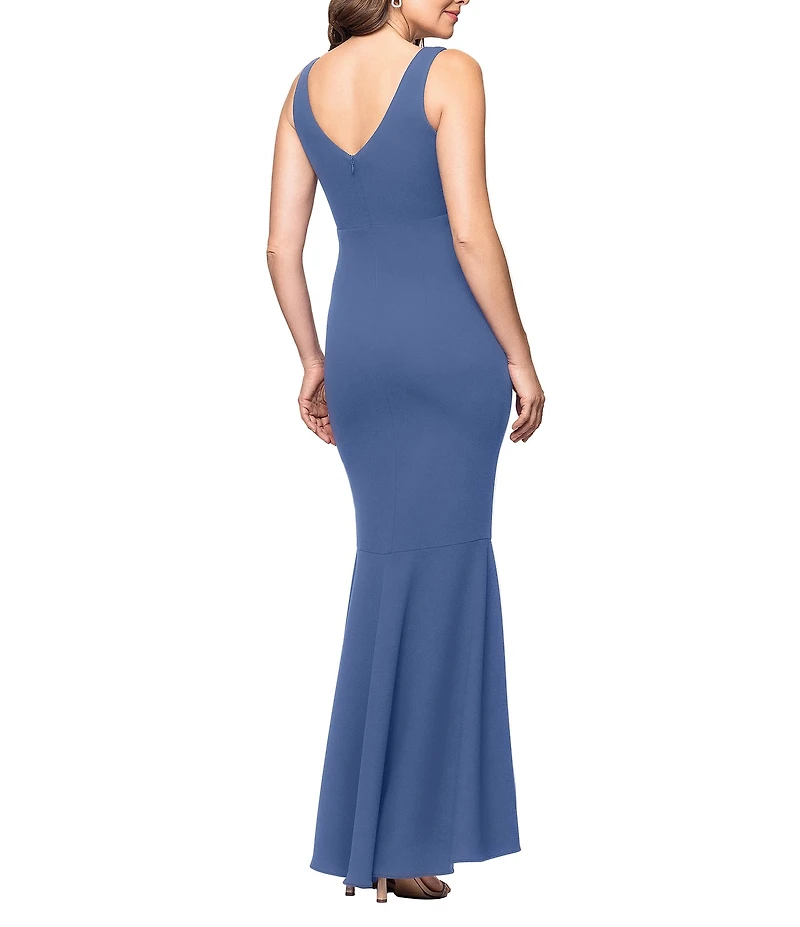 Betsy & Adam Petite Size Sleeveless V-Neck Spiral Ruffle Cascade Gown