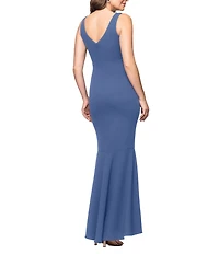 Betsy & Adam Petite Size Sleeveless V-Neck Spiral Ruffle Cascade Gown