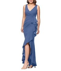 Betsy & Adam Petite Size Sleeveless V-Neck Spiral Ruffle Cascade Gown