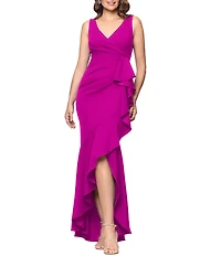 Betsy & Adam Petite Size Sleeveless V-Neck Spiral Ruffle Cascade Gown