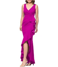 Betsy & Adam Petite Size Sleeveless V-Neck Spiral Ruffle Cascade Gown