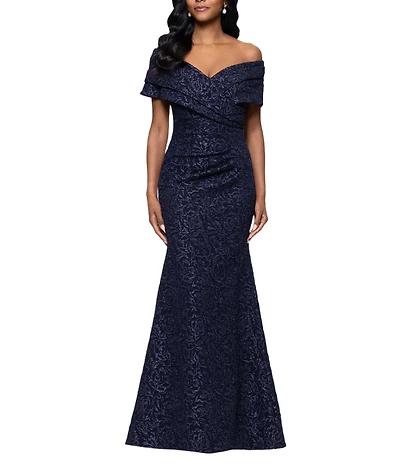 Betsy & Adam Petite Size Stretch Jacquard Off-the-Shoulder Dress