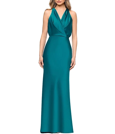 Betsy & Adam Petite Size Surplice Neck Sleeveless Satin Long Dress