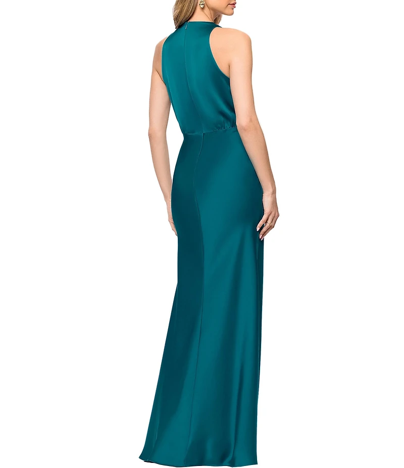Betsy & Adam Petite Size Surplice Neck Sleeveless Satin Long Dress