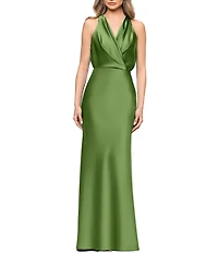 Betsy & Adam Petite Size Surplice Neck Sleeveless Satin Long Dress