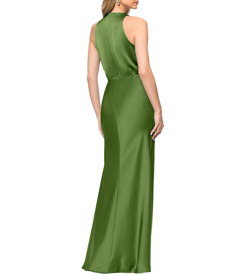 Betsy & Adam Petite Size Surplice Neck Sleeveless Satin Long Dress