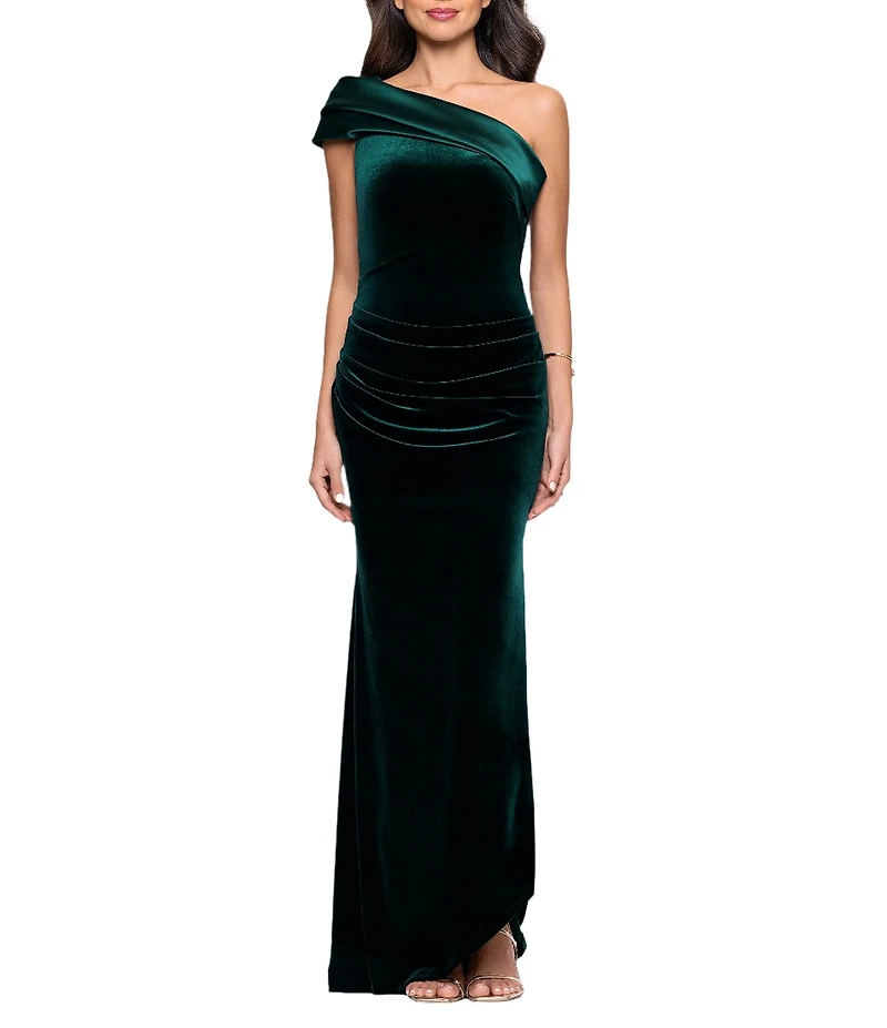 Betsy & Adam Petite Size Velvet Mikado One Shoulder Ruched Mermaid Gown