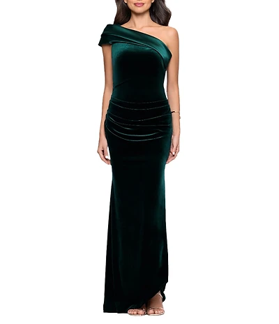 Betsy & Adam Petite Size Velvet Mikado One Shoulder Ruched Mermaid Gown