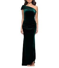 Betsy & Adam Petite Size Velvet Mikado One Shoulder Ruched Mermaid Gown
