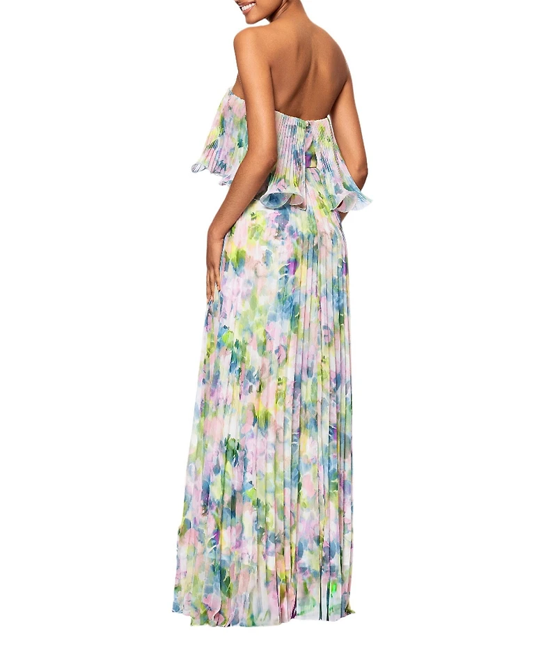 Betsy & Adam Pleated Chiffon Floral Print Strapless Neck Sleeveless Ruffle Gown