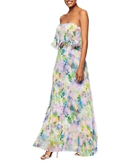 Betsy & Adam Pleated Chiffon Floral Print Strapless Neck Sleeveless Ruffle Gown