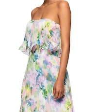 Betsy & Adam Pleated Chiffon Floral Print Strapless Neck Sleeveless Ruffle Gown