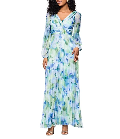 Betsy & Adam Pleated Chiffon Floral Print V-Neck Long Sleeve Fit and Flare Gown