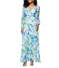 Betsy & Adam Pleated Chiffon Floral Print V-Neck Long Sleeve Fit and Flare Gown