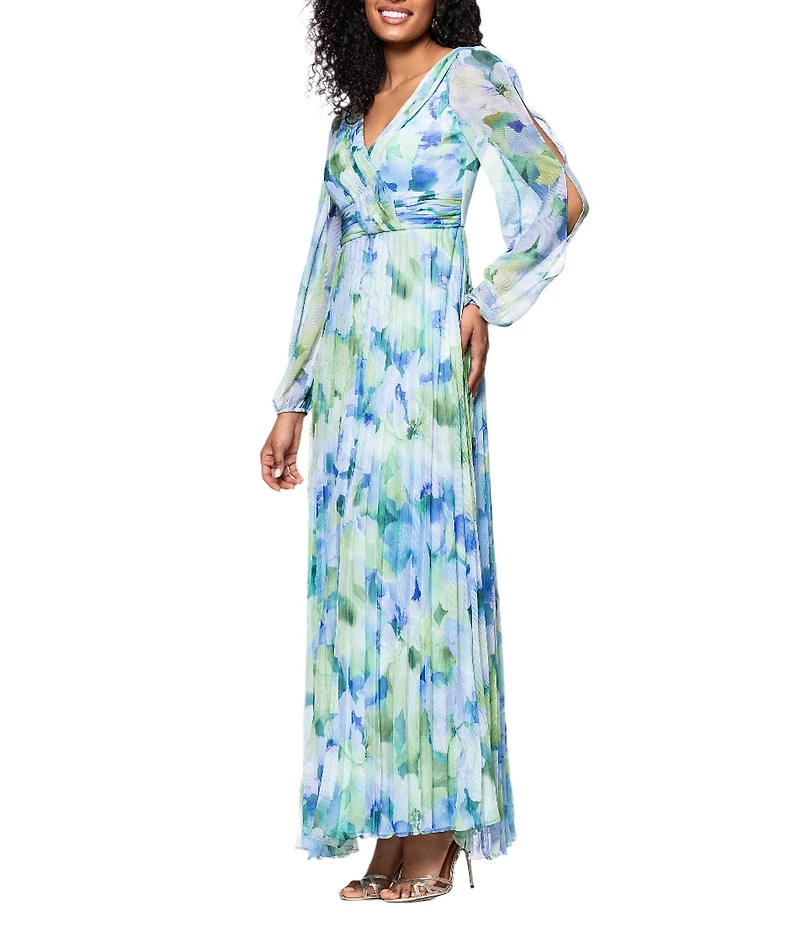 Betsy & Adam Pleated Chiffon Floral Print V-Neck Long Sleeve Fit and Flare Gown