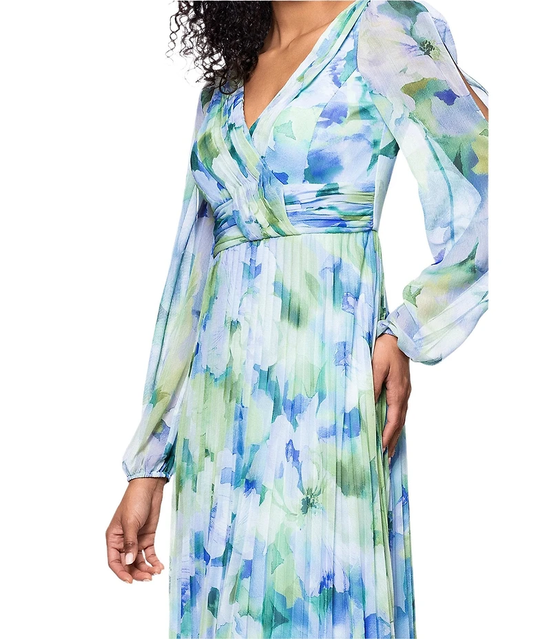 Betsy & Adam Pleated Chiffon Floral Print V-Neck Long Sleeve Fit and Flare Gown