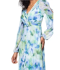 Betsy & Adam Pleated Chiffon Floral Print V-Neck Long Sleeve Fit and Flare Gown