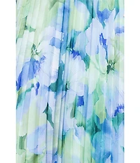 Betsy & Adam Pleated Chiffon Floral Print V-Neck Long Sleeve Fit and Flare Gown