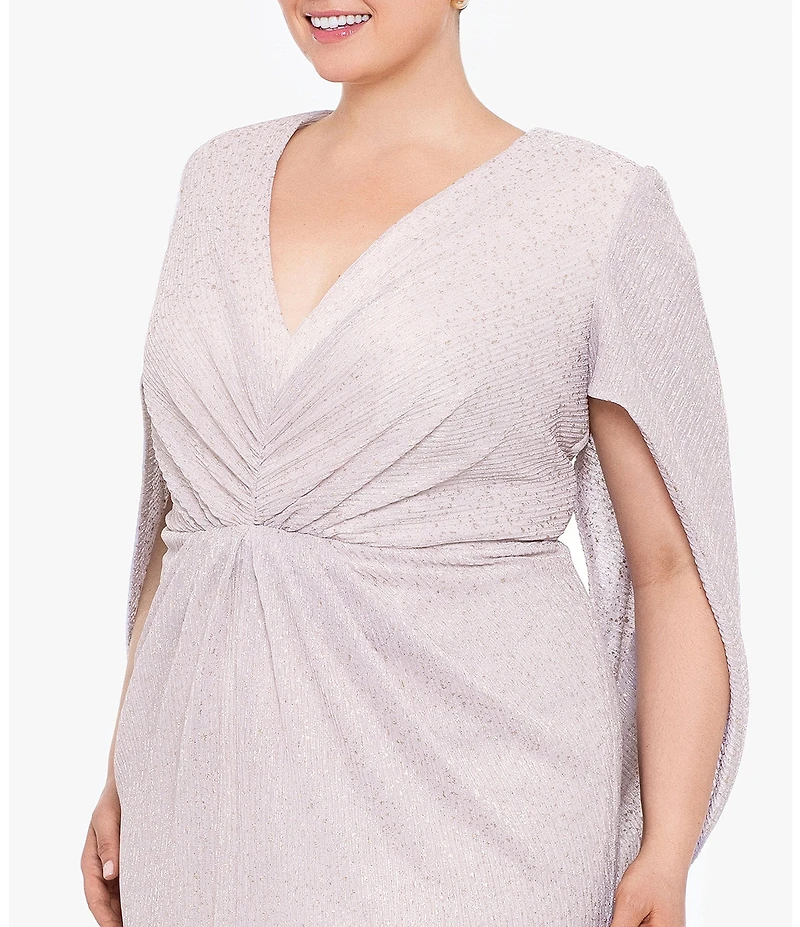 Betsy & Adam Plus Size 3/4 Cape Sleeve Deep V-Neck Drape Back Long Dress