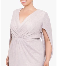 Betsy & Adam Plus Size 3/4 Cape Sleeve Deep V-Neck Drape Back Long Dress