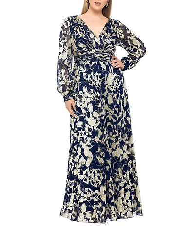Betsy & Adam Plus Size Abstract Print Foil Metallic Crinkle Mesh V-Neck Long Illusion Balloon Sleeve Gown