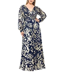 Betsy & Adam Plus Size Abstract Print Foil Metallic Crinkle Mesh V-Neck Long Illusion Balloon Sleeve Gown