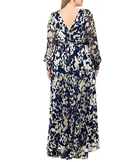 Betsy & Adam Plus Size Abstract Print Foil Metallic Crinkle Mesh V-Neck Long Illusion Balloon Sleeve Gown