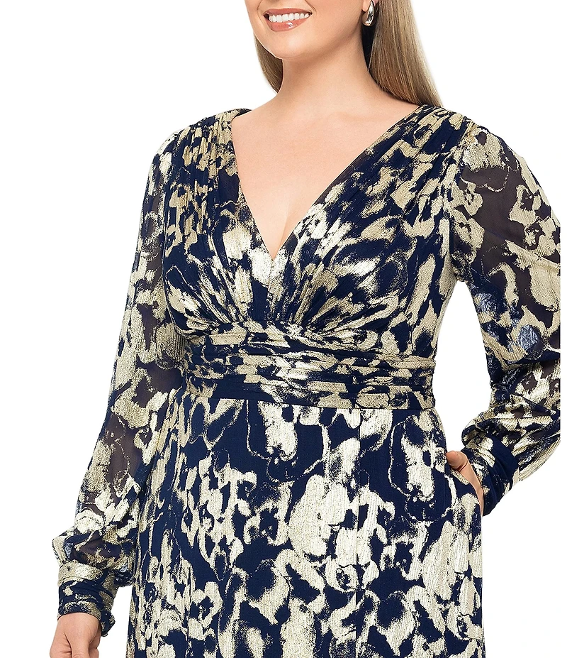 Betsy & Adam Plus Size Abstract Print Foil Metallic Crinkle Mesh V-Neck Long Illusion Balloon Sleeve Gown