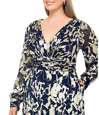 Betsy & Adam Plus Size Abstract Print Foil Metallic Crinkle Mesh V-Neck Long Illusion Balloon Sleeve Gown